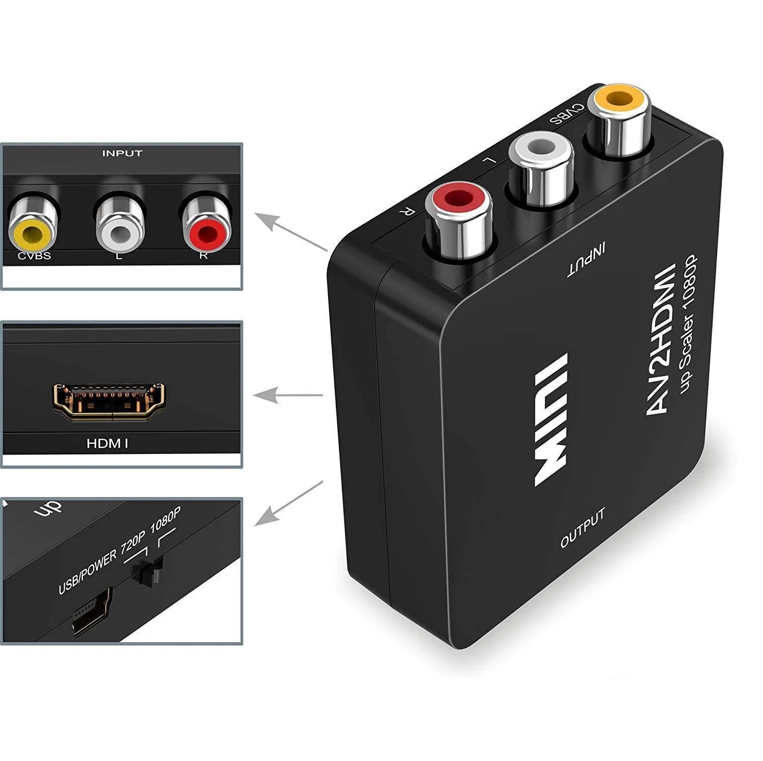 Black and white AV to HDMI converter with 0.5 metre cable for 1080P signal conversion