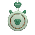 Mini bladeless neck fan with hanging rope worn around a person's neck, showing three speed buttons.