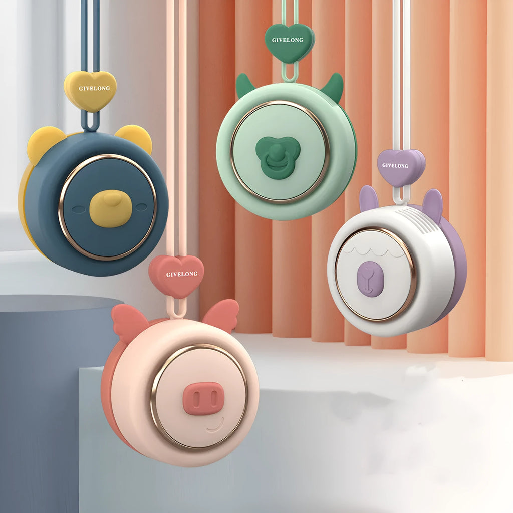 Mini bladeless neck fan with hanging rope worn around a person's neck, showing three speed buttons.
