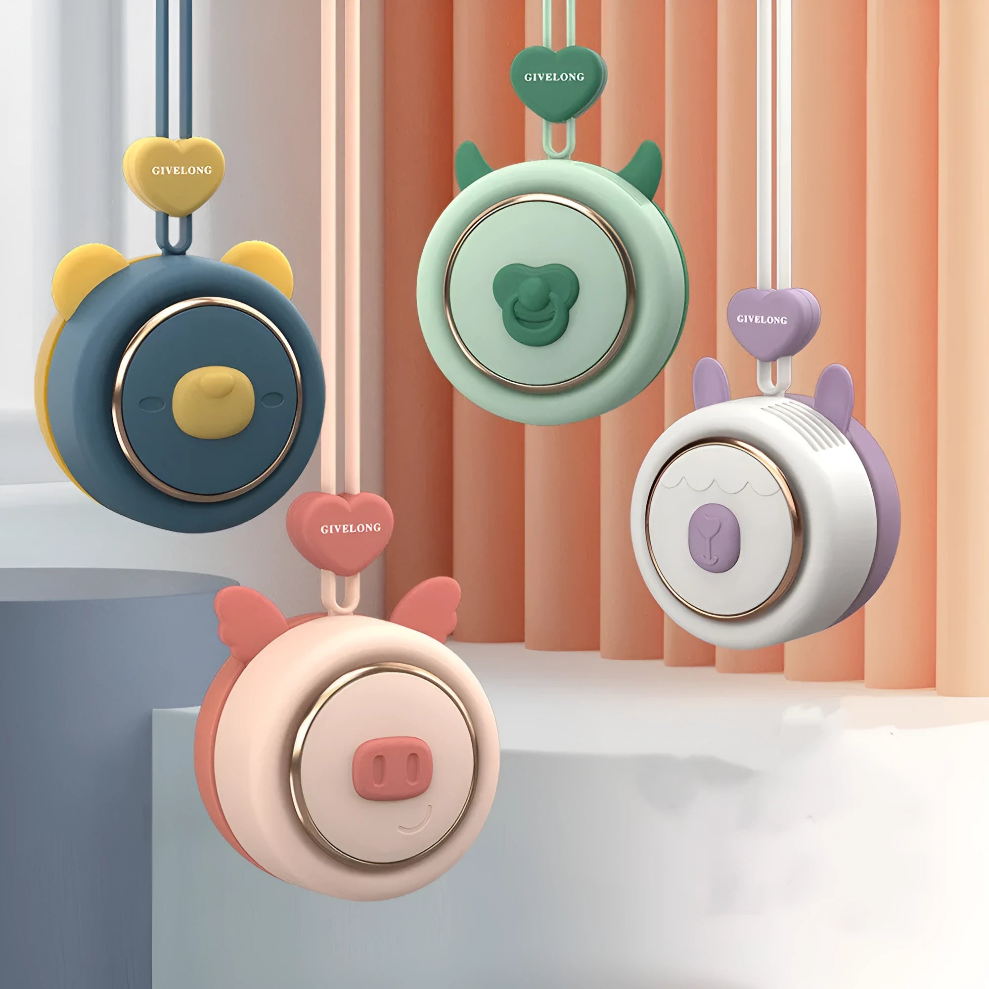 Mini bladeless neck fan with hanging rope worn around a person's neck, showing three speed buttons.