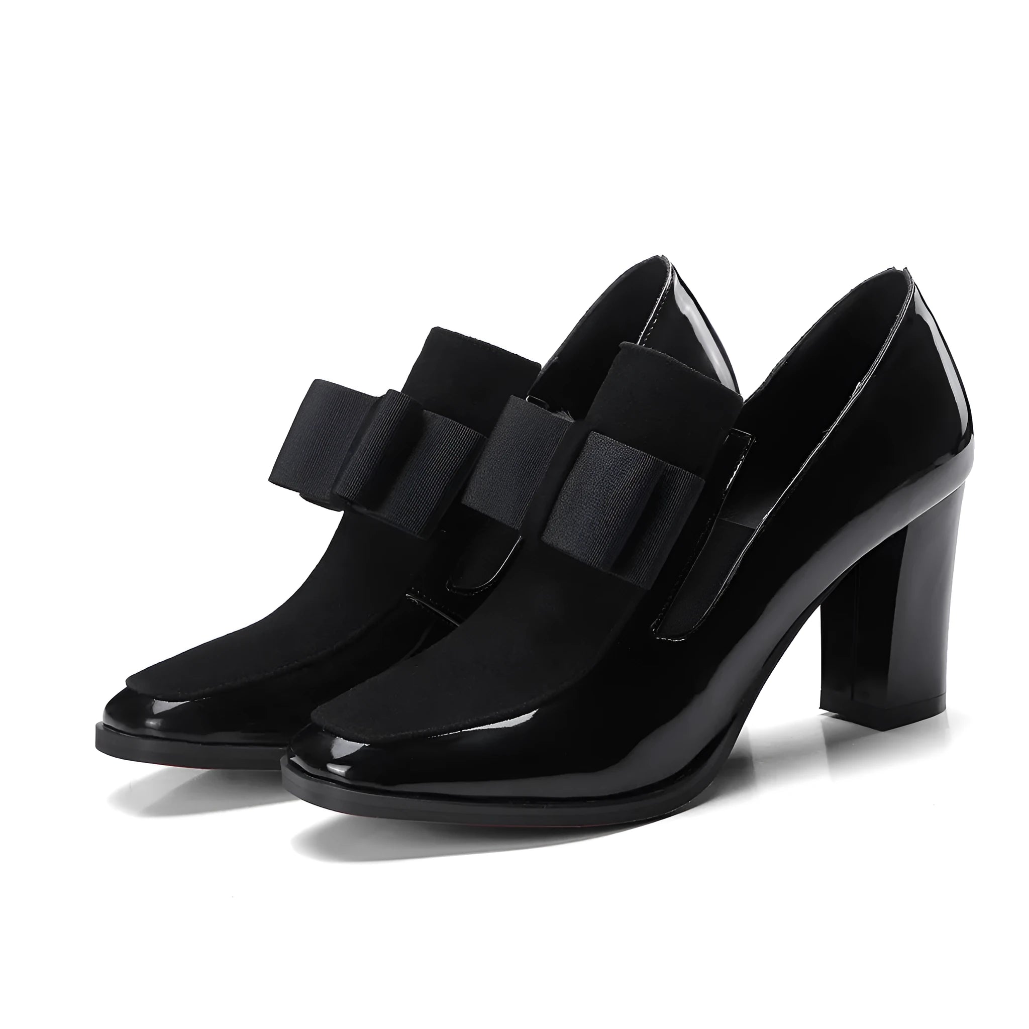 Women's black patent leather high heels with thick heel and square toe in large sizes
