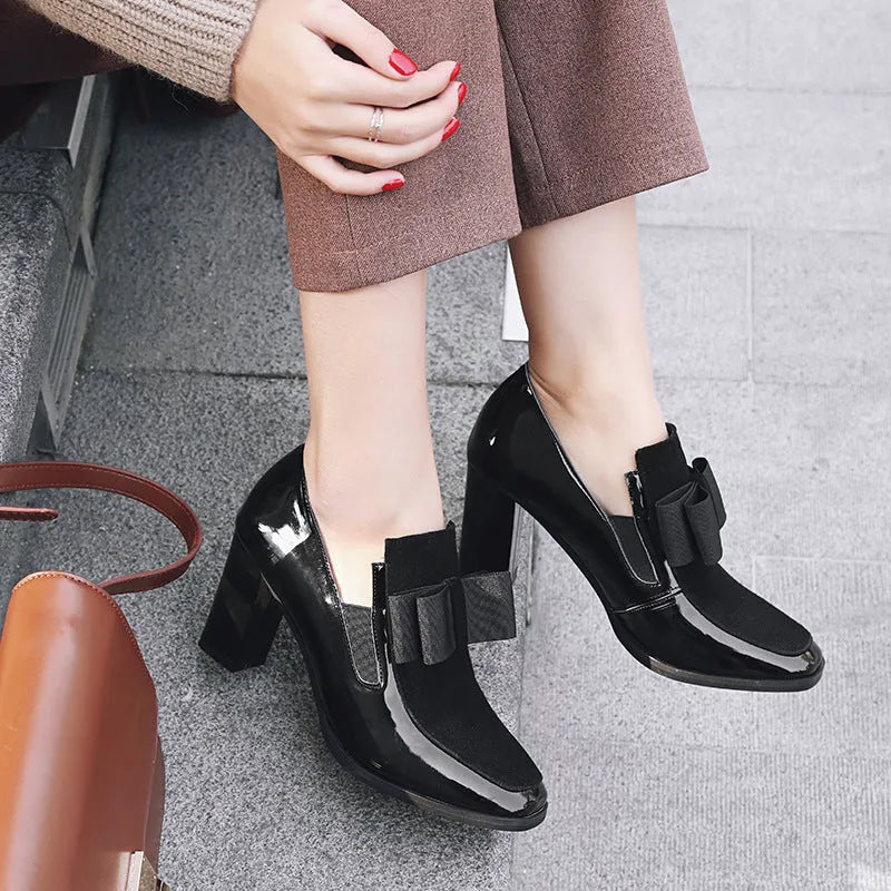 Women's black patent leather high heels with thick heel and square toe in large sizes