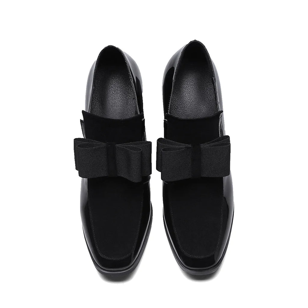 Women's black patent leather high heels with thick heel and square toe in large sizes