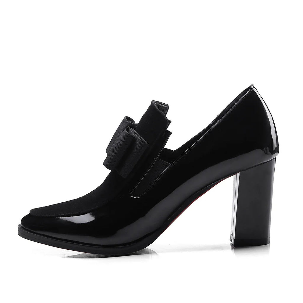 Women's black patent leather high heels with thick heel and square toe in large sizes