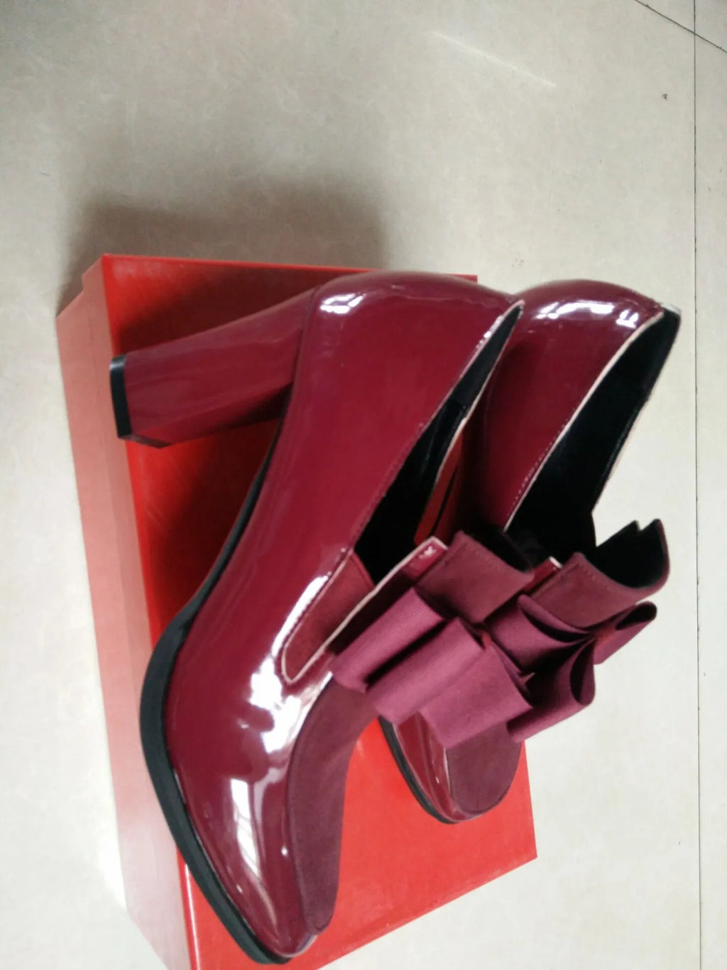 Women's black patent leather high heels with thick heel and square toe in large sizes
