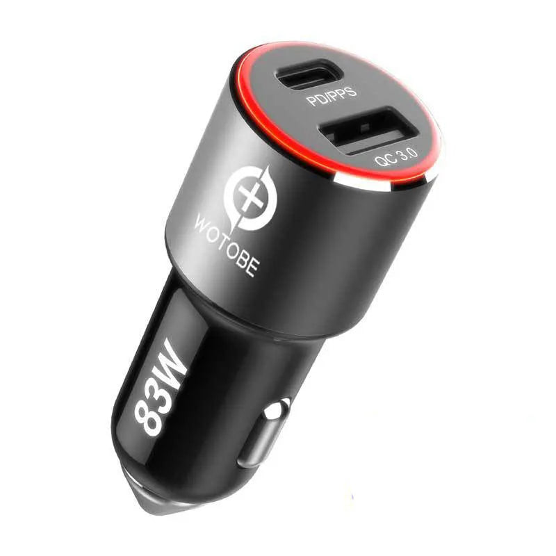 83W dual-port fast car charger with USB-C and QC3.0 ports for laptops and phones