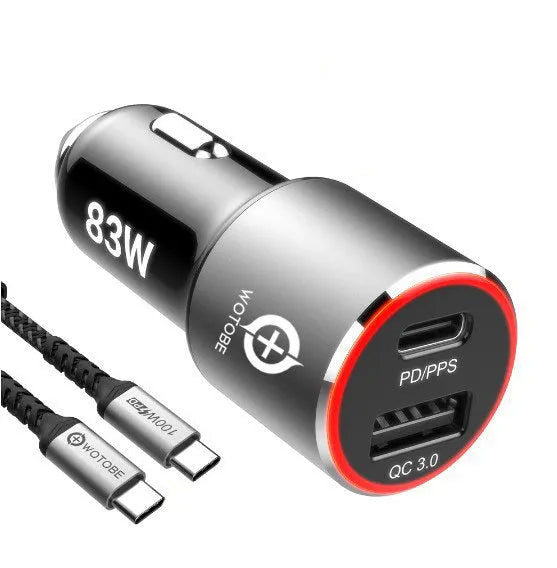 83W dual-port fast car charger with USB-C and QC3.0 ports for laptops and phones