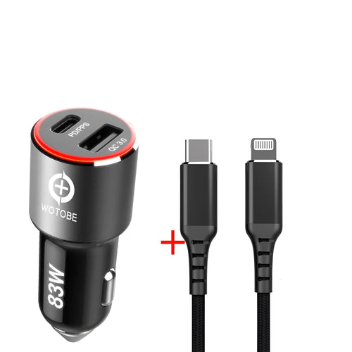 83W dual-port fast car charger with USB-C and QC3.0 ports for laptops and phones