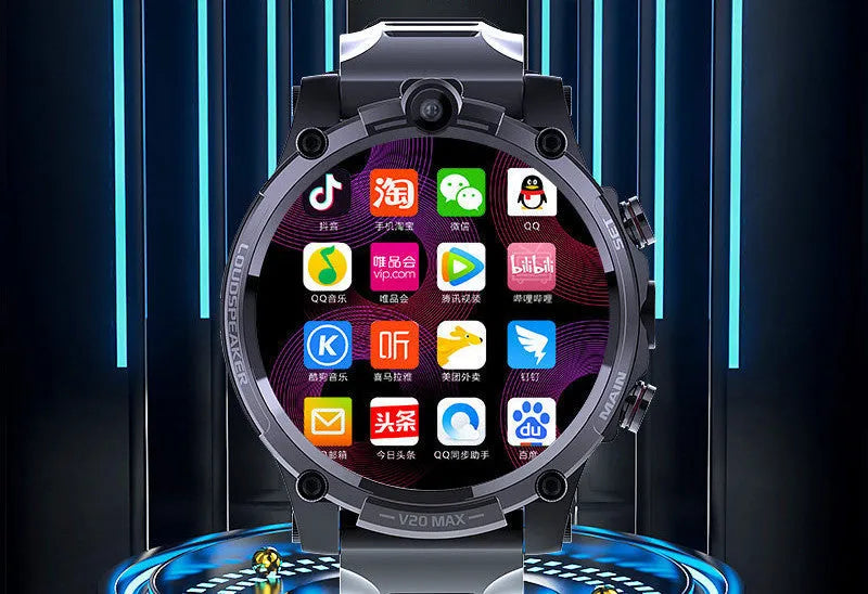 Black 4G smartwatch with 1.6-inch touchscreen display showing video calling interface and heart rate monitoring