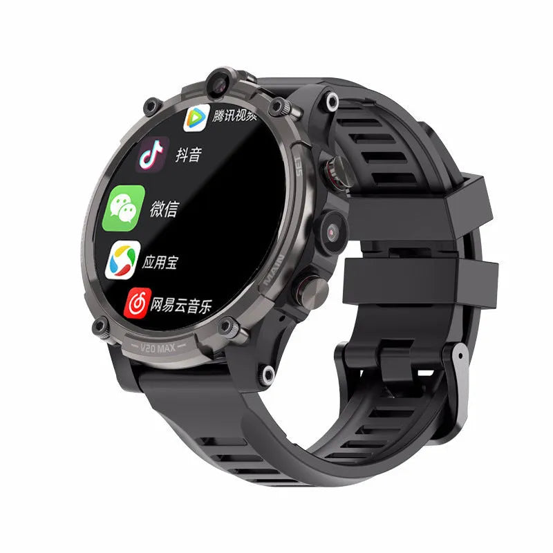 Black 4G smartwatch with 1.6-inch touchscreen display showing video calling interface and heart rate monitoring
