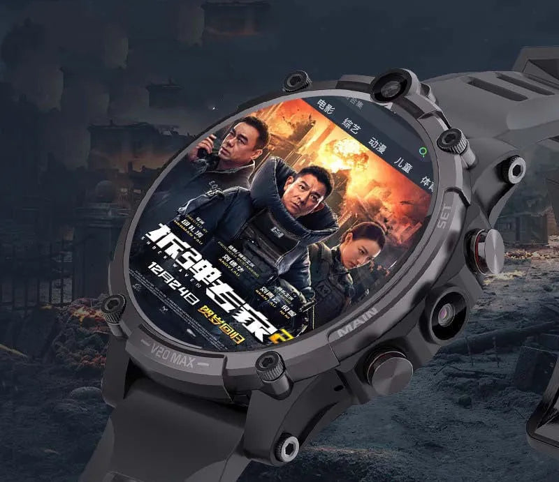 Black 4G smartwatch with 1.6-inch touchscreen display showing video calling interface and heart rate monitoring