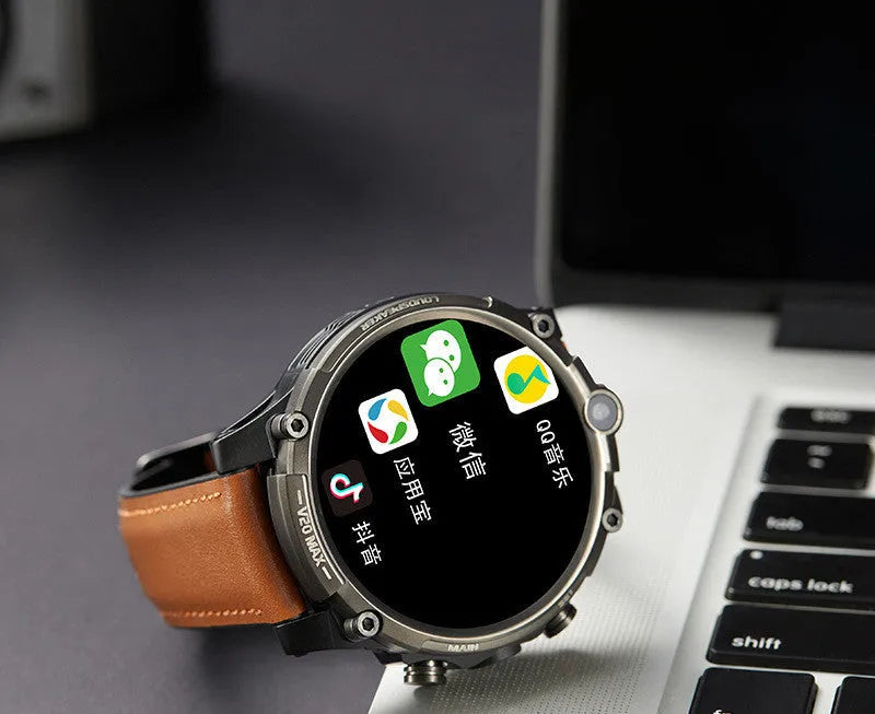 Black 4G smartwatch with 1.6-inch touchscreen display showing video calling interface and heart rate monitoring