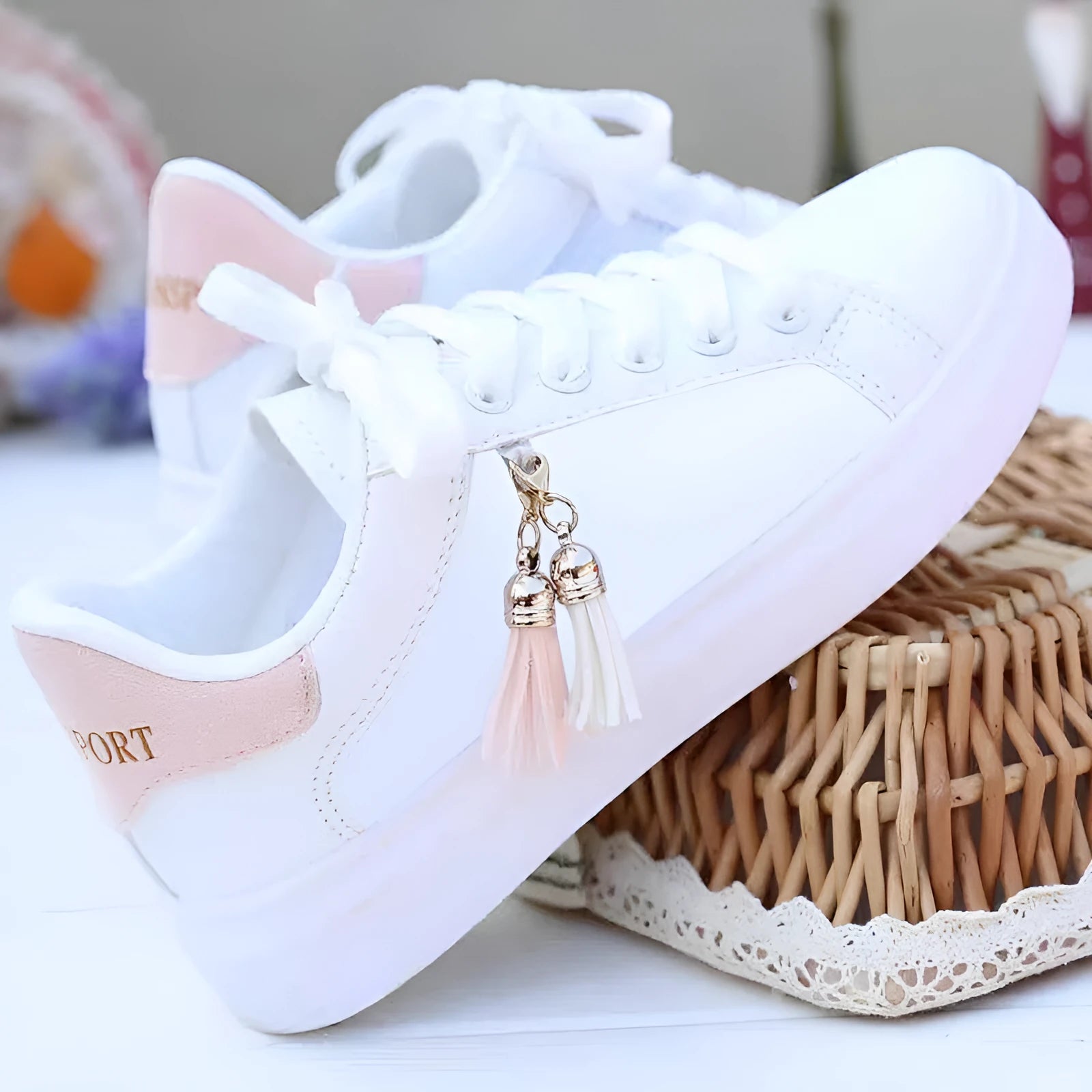 Women's white mesh casual flats with PU upper and rubber sole in black or pink colour options