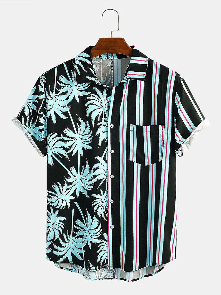 Men's casual cotton blend shirt with coconut print and striped stitching, short-sleeved lapel style
