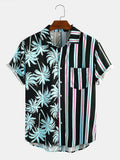 Men's casual cotton blend shirt with coconut print and striped stitching, short-sleeved lapel style