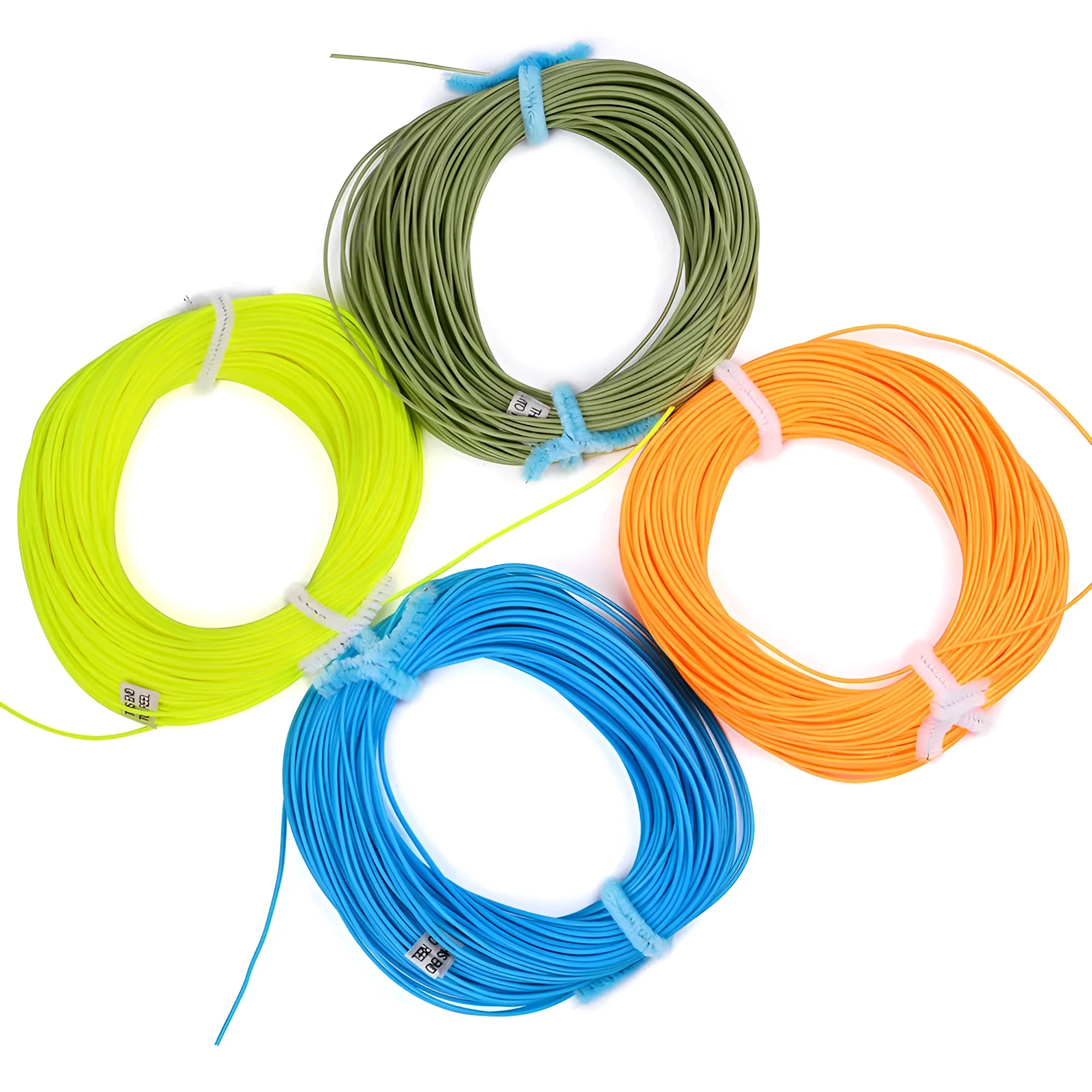 Multi-color floating fly fishing line in PVC and nylon with colours blue, green, orange, and yellow in sizes 2.0 to 8.0