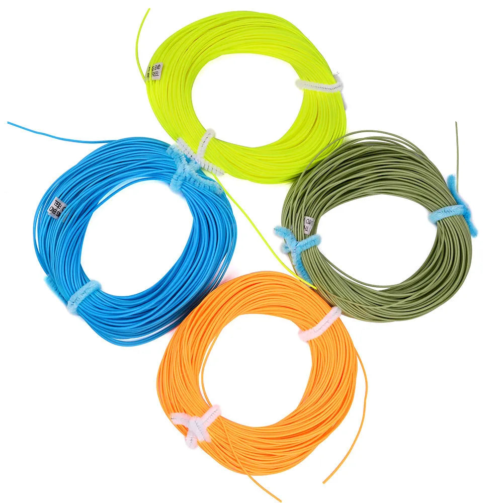 Multi-color floating fly fishing line in PVC and nylon with colours blue, green, orange, and yellow in sizes 2.0 to 8.0