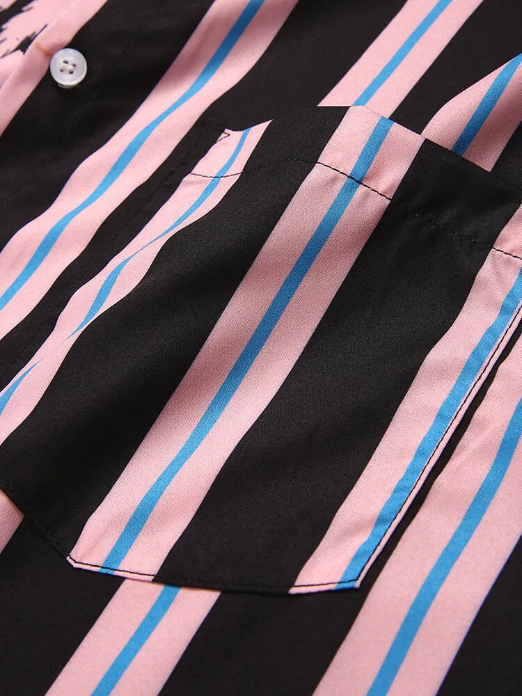 Men's casual cotton blend shirt with coconut print and striped stitching, short-sleeved lapel style