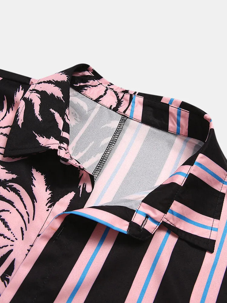 Men's casual cotton blend shirt with coconut print and striped stitching, short-sleeved lapel style
