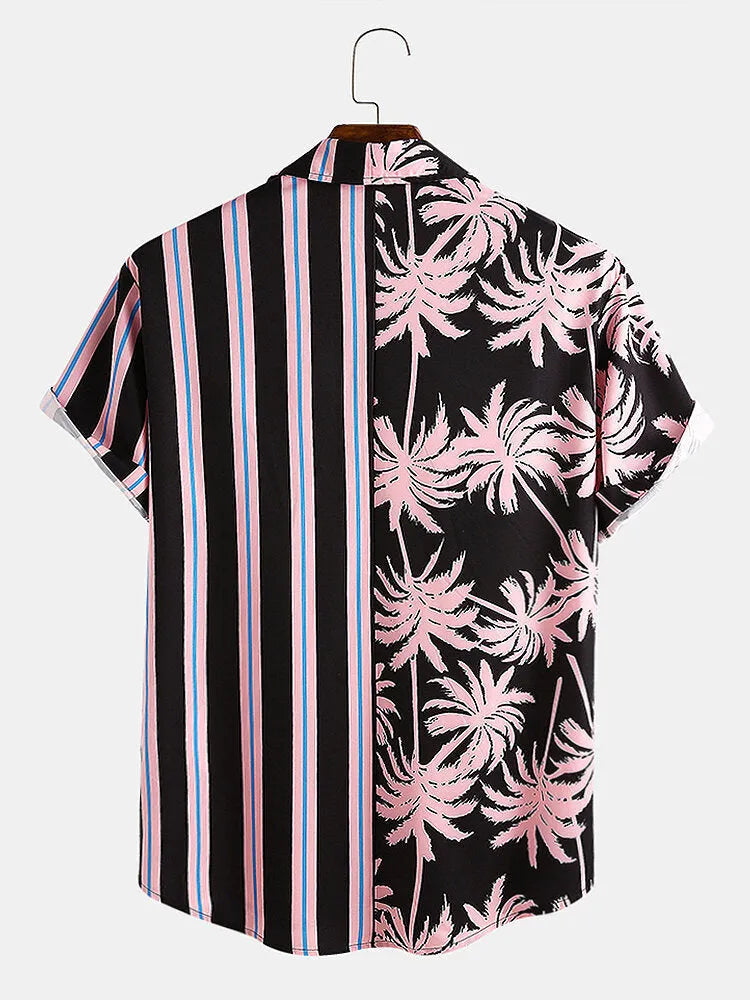 Men's casual cotton blend shirt with coconut print and striped stitching, short-sleeved lapel style
