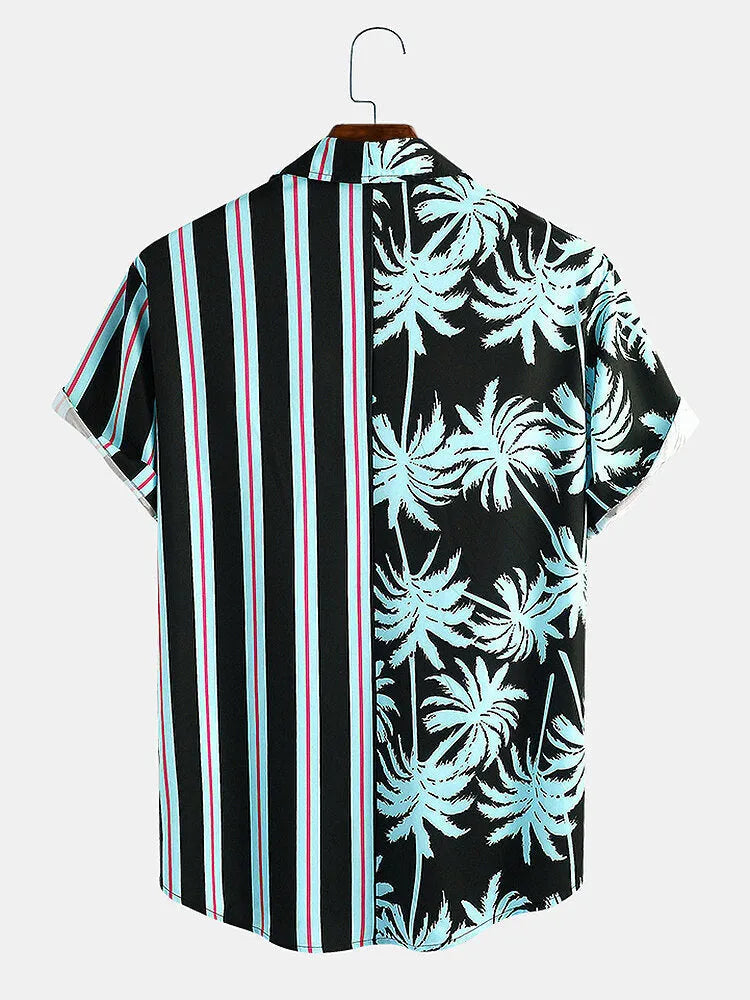 Men's casual cotton blend shirt with coconut print and striped stitching, short-sleeved lapel style