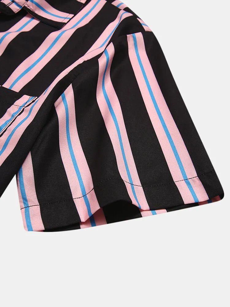 Men's casual cotton blend shirt with coconut print and striped stitching, short-sleeved lapel style