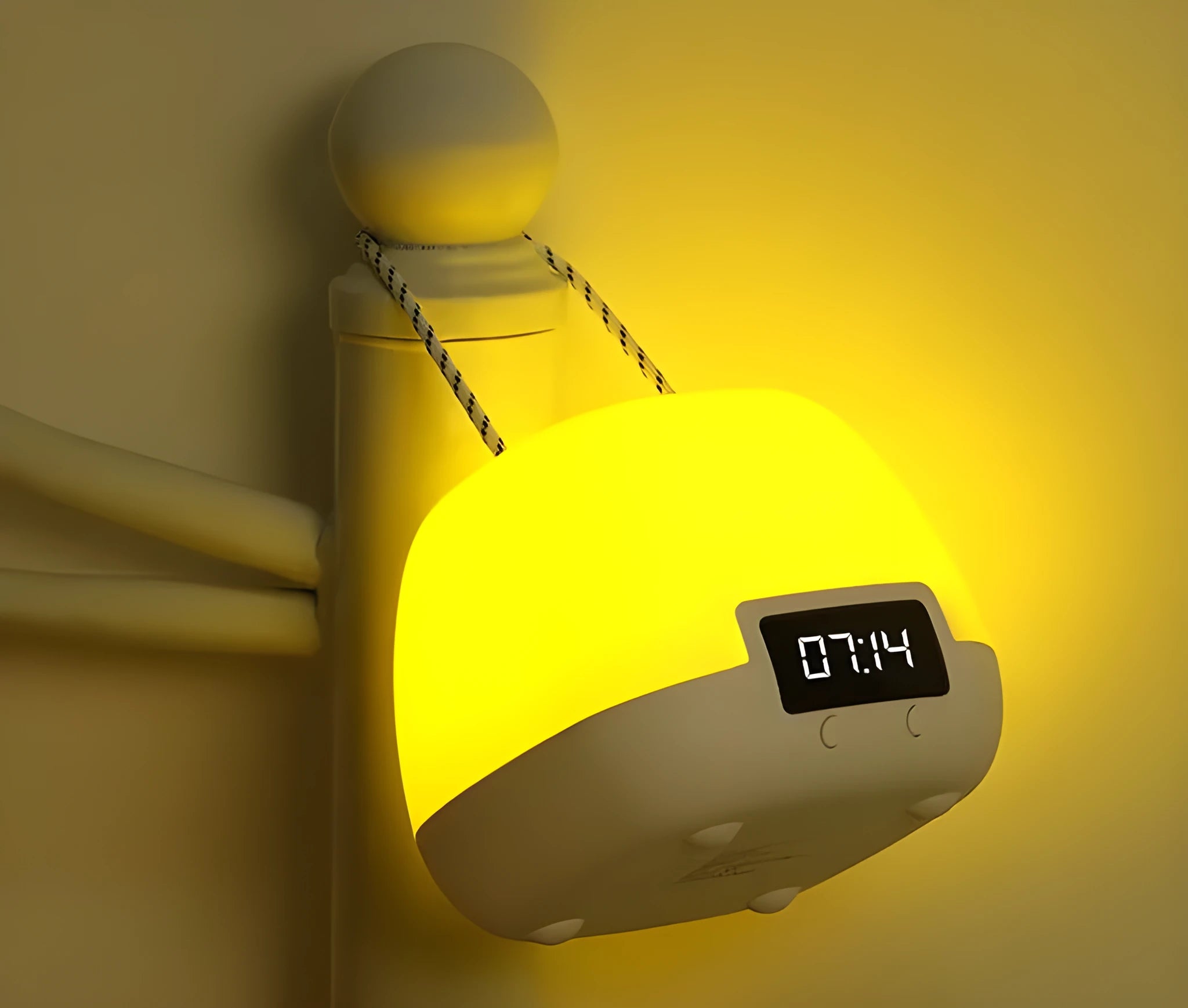 White rechargeable remote control night light on a bedside table with projection mode on