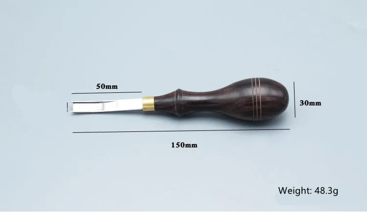 Leather hand tool for sharpening and thinning wide shovel edges, model 02.