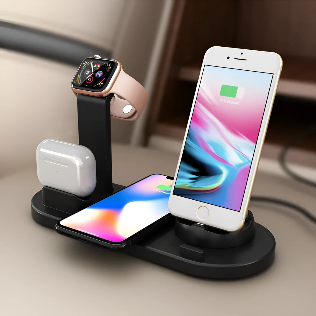 Three-in-one wireless charging station for Apple Watch, AirPods case and iPhone on desk