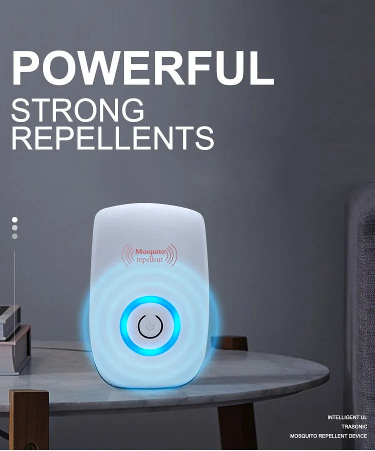 White mini electronic mosquito and mouse repellent for indoor use with UK plug on a table