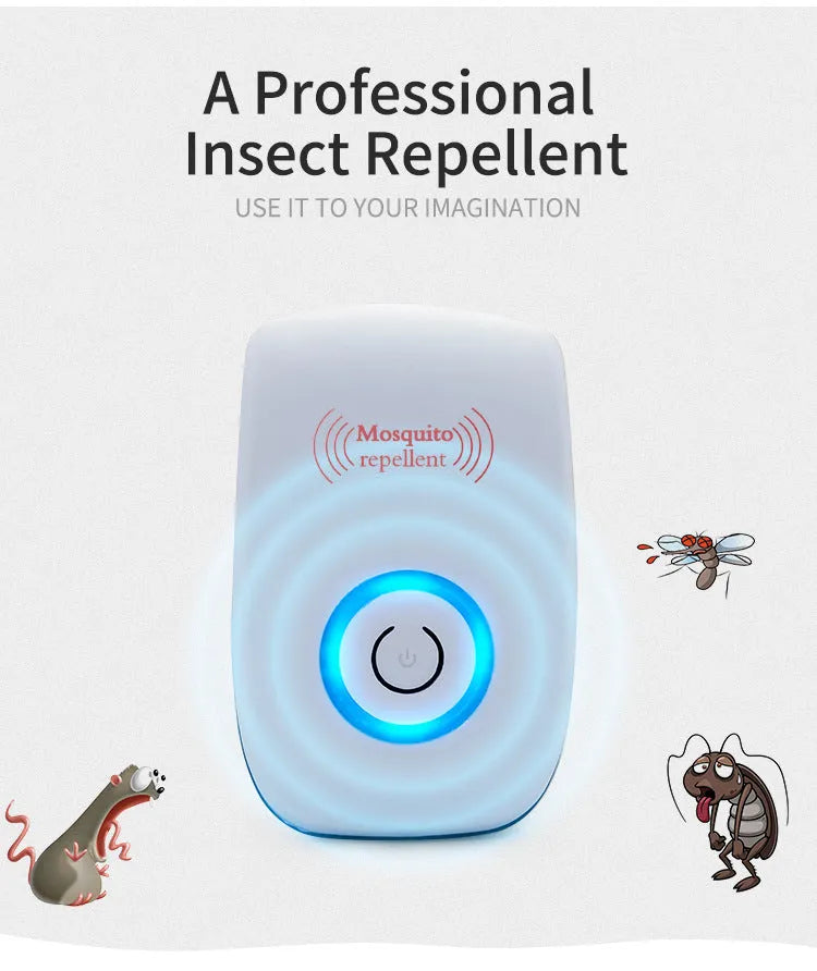 White mini electronic mosquito and mouse repellent for indoor use with UK plug on a table
