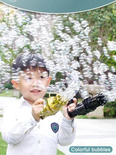 A child's bubble machine toy with a realistic gun design in pink, gold or black, shown with its removable bubble head.