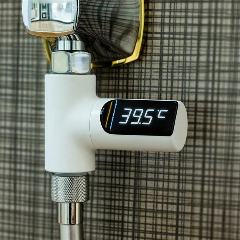 Electronic baby bathing faucet thermometer with electroplated finish showing temperature display