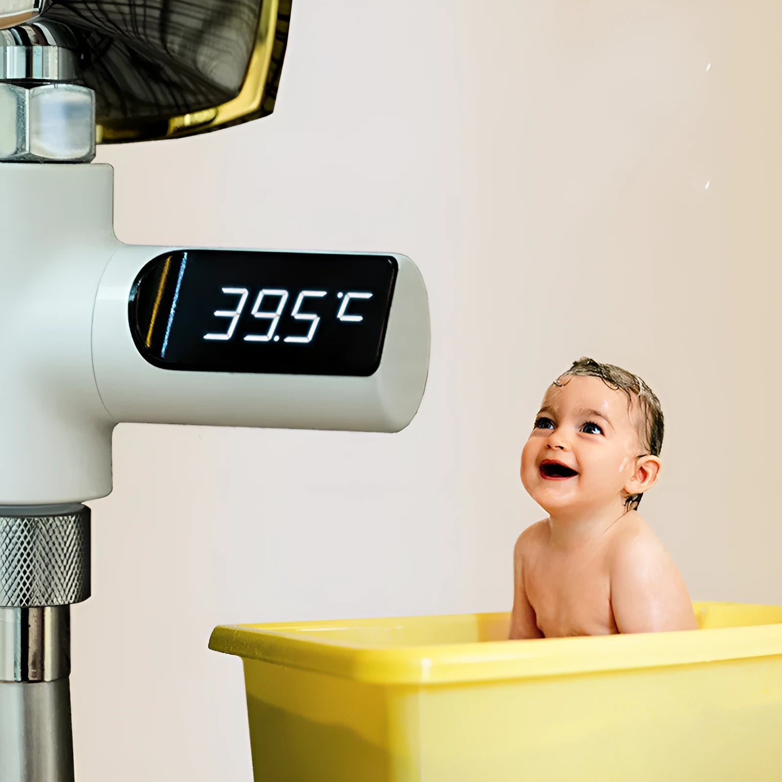 Electronic baby bathing faucet thermometer with electroplated finish showing temperature display