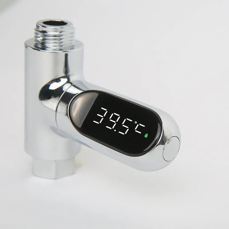 Electronic baby bathing faucet thermometer with electroplated finish showing temperature display