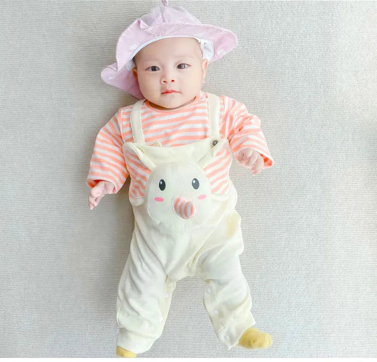 Baby elephant overalls two-piece suit in creamy white, 95% cotton spandex with snap buttons and round neck