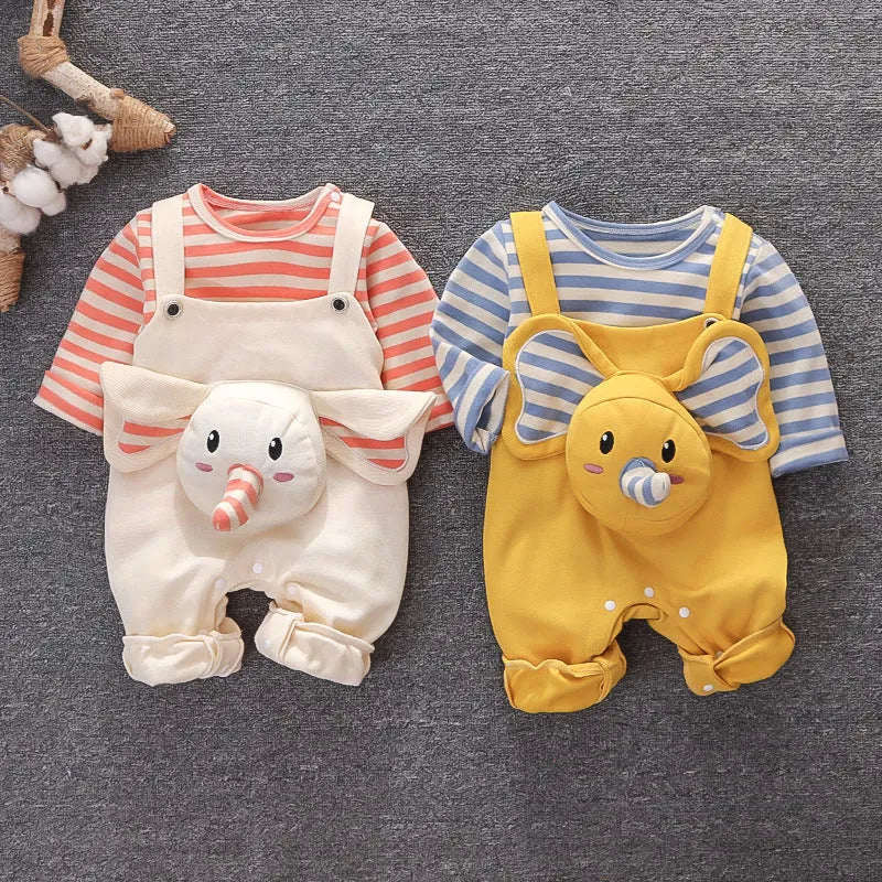 Baby elephant overalls two-piece suit in creamy white, 95% cotton spandex with snap buttons and round neck