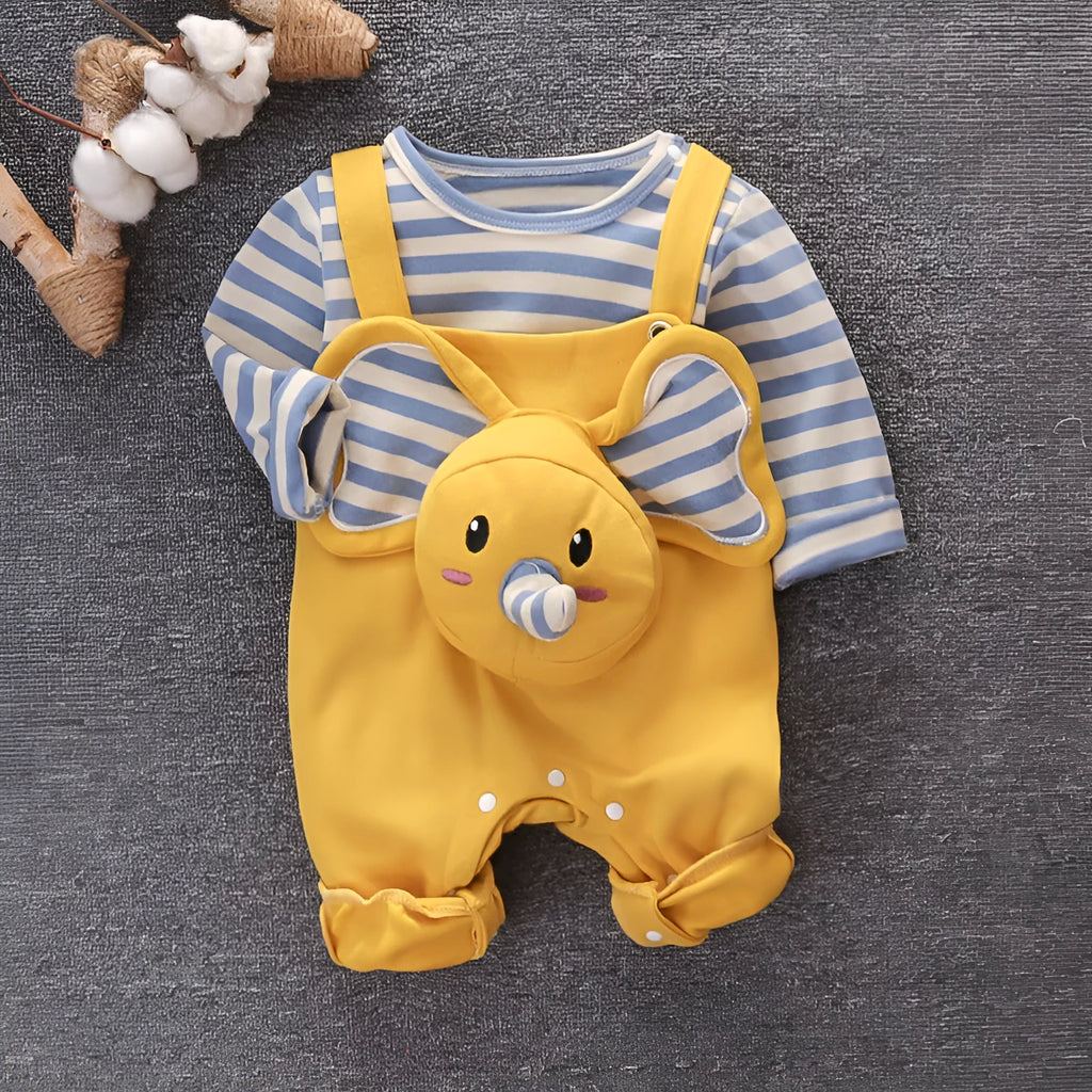 Baby elephant overalls two-piece suit in creamy white, 95% cotton spandex with snap buttons and round neck