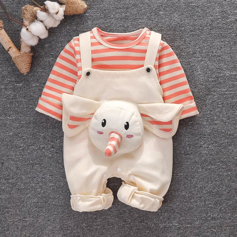 Baby elephant overalls two-piece suit in creamy white, 95% cotton spandex with snap buttons and round neck