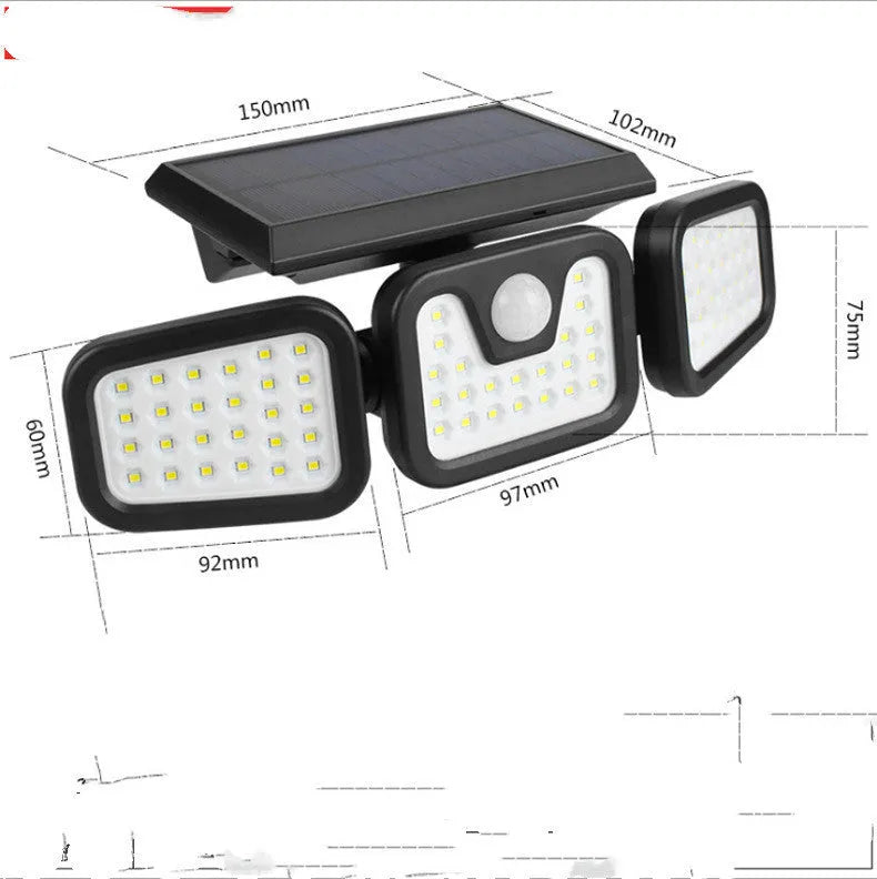 Three head rotating 360 degree solar wall light for outdoor courtyard with 112LED SMD 60W IP65 waterproof