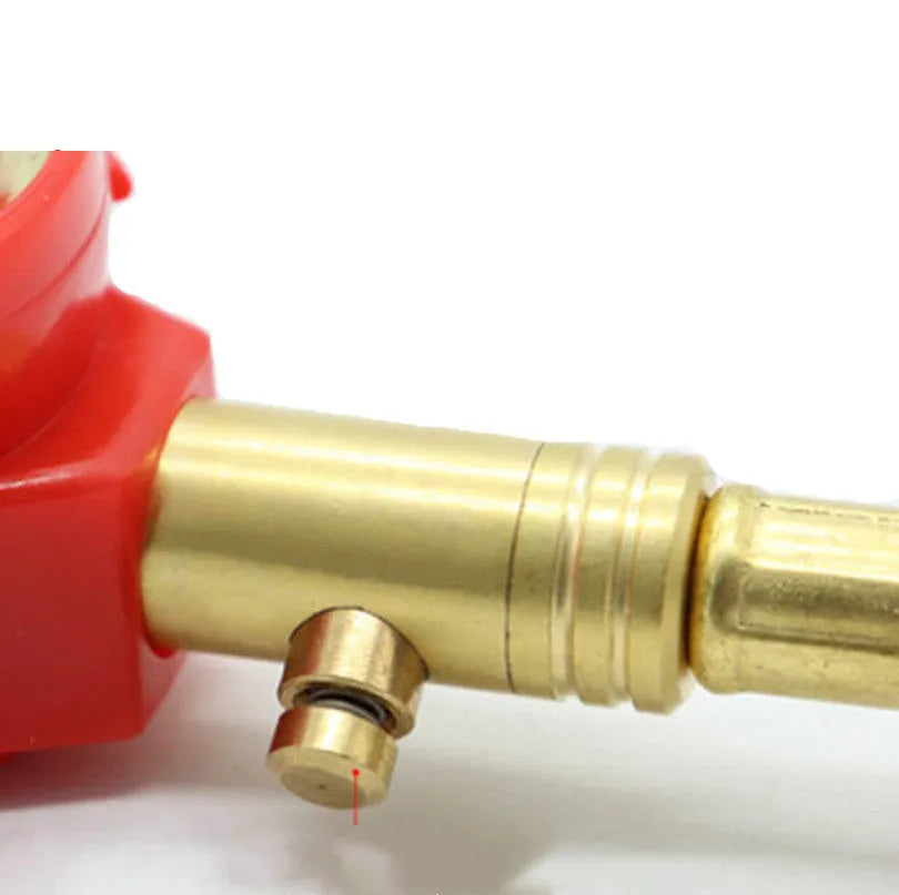 Mechanical tyre pressure gauge with 50mm dial, all-copper valve, and red braided tube for off-road vehicle use