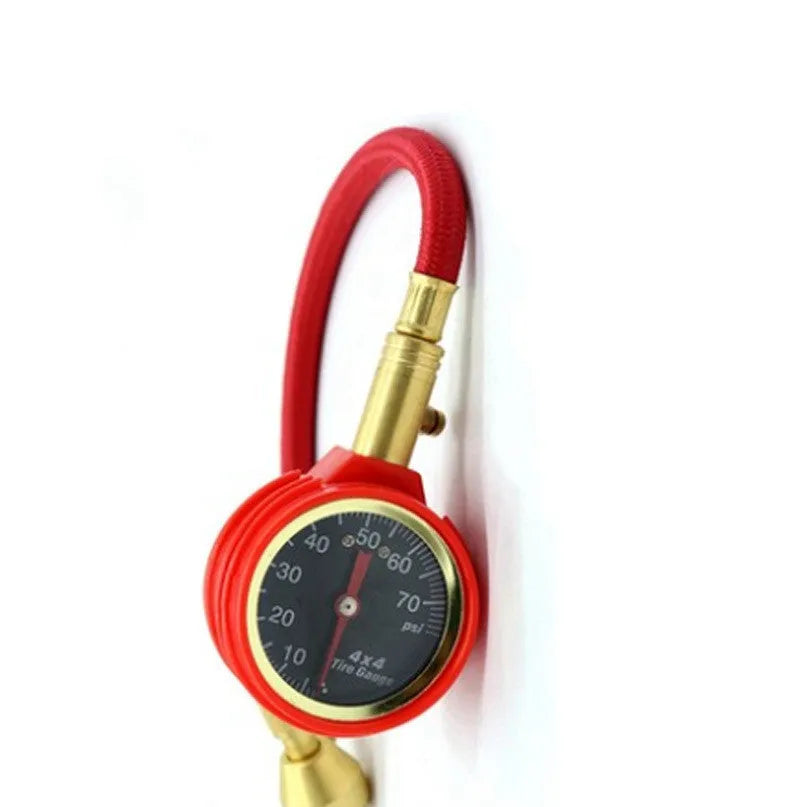 Mechanical tyre pressure gauge with 50mm dial, all-copper valve, and red braided tube for off-road vehicle use