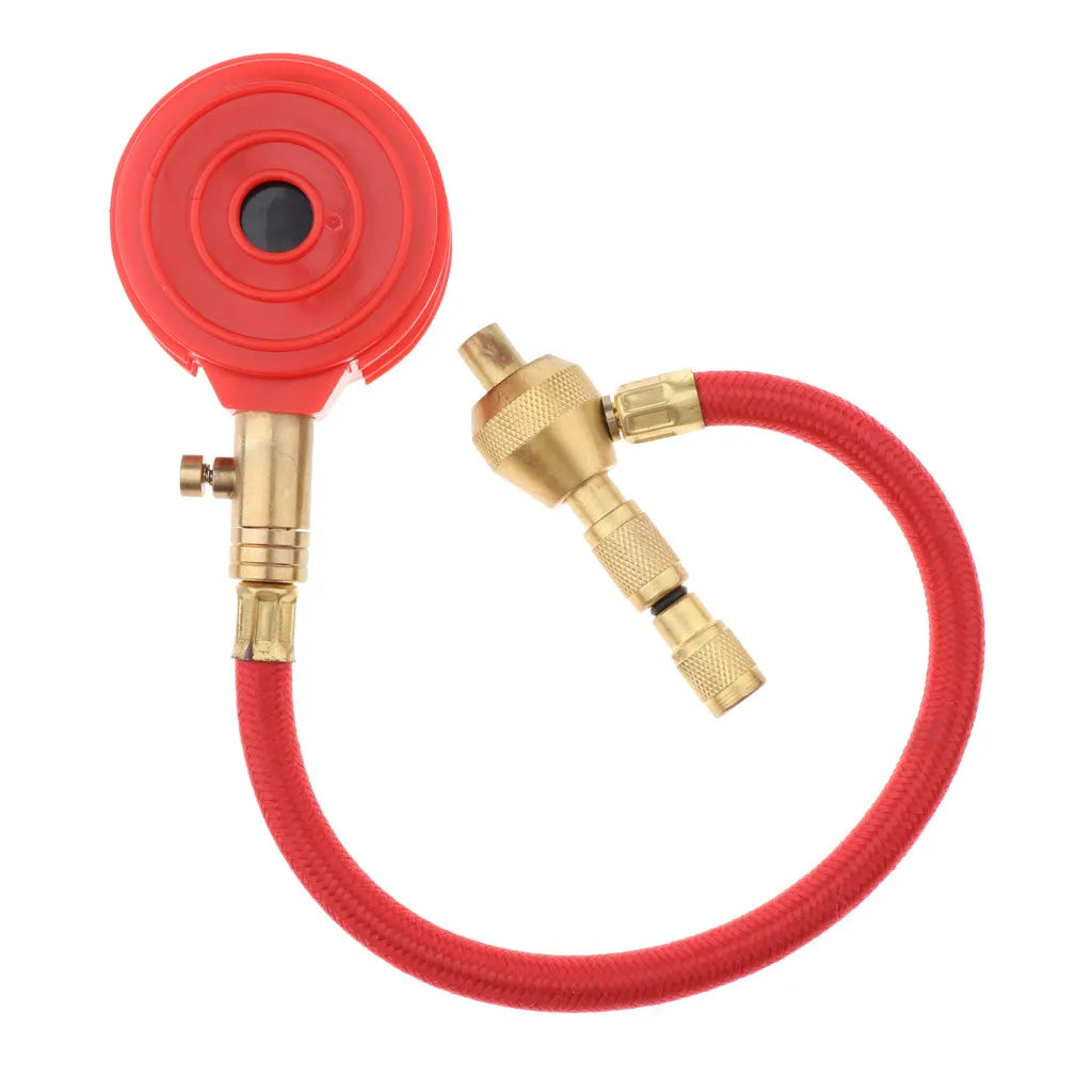 Mechanical tyre pressure gauge with 50mm dial, all-copper valve, and red braided tube for off-road vehicle use