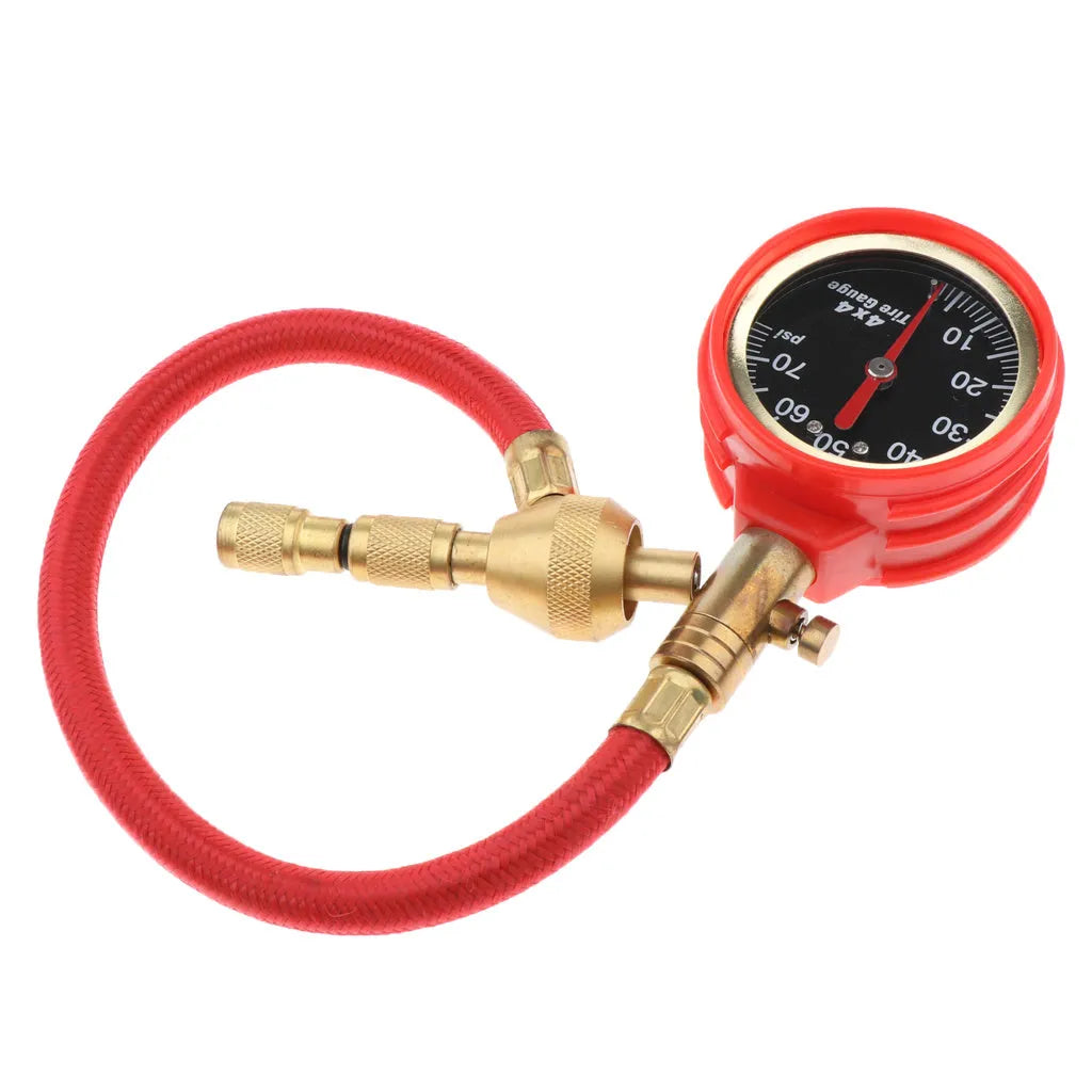 Mechanical tyre pressure gauge with 50mm dial, all-copper valve, and red braided tube for off-road vehicle use