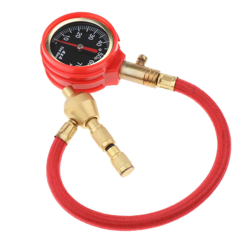 Mechanical tyre pressure gauge with 50mm dial, all-copper valve, and red braided tube for off-road vehicle use