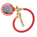 Mechanical tyre pressure gauge with 50mm dial, all-copper valve, and red braided tube for off-road vehicle use