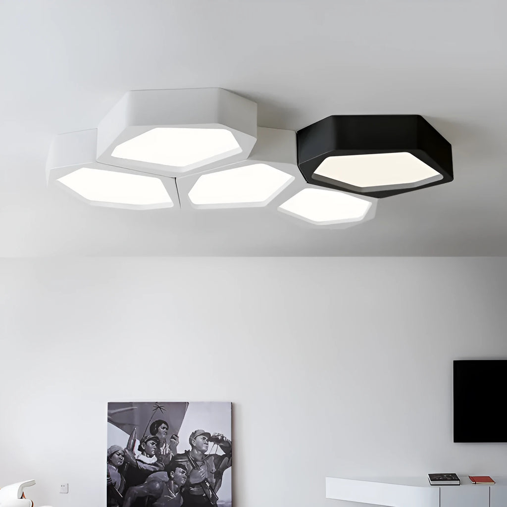 Geometric shaped LED light panel with iron frame in black or white, remote control for dimming