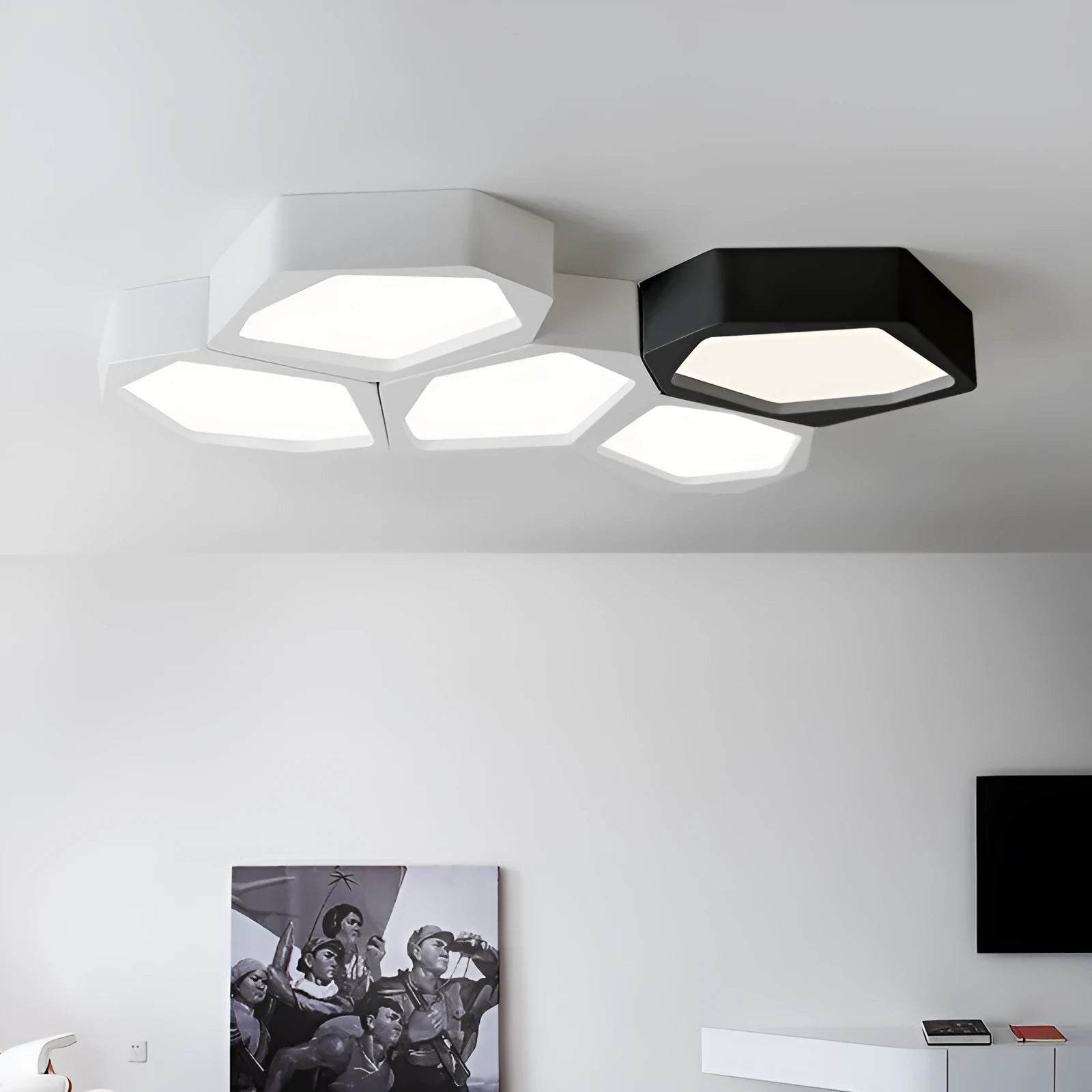 Geometric shaped LED light panel with iron frame in black or white, remote control for dimming