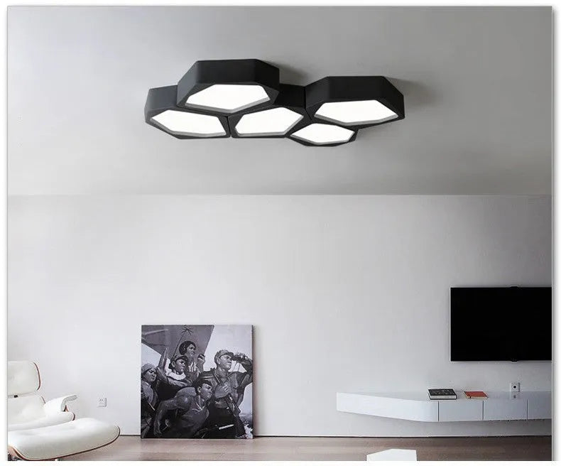 Geometric shaped LED light panel with iron frame in black or white, remote control for dimming