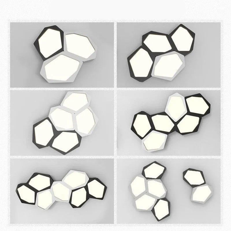 Geometric shaped LED light panel with iron frame in black or white, remote control for dimming